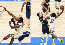 Draymond Green reacts to Andrew Wiggins’ poster over Luka Doncic