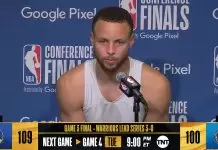 Steph Curry reacts to Andrew Wiggins dunk over Luka Doncic