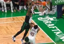 Jaylen Brown reacts to posterizing Donovan Mitchell