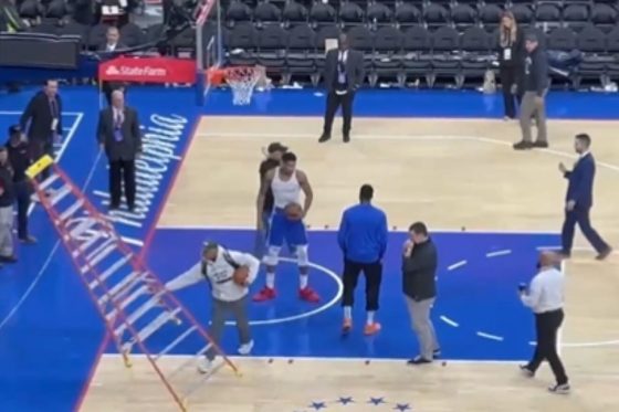 WATCH: Frustrated Giannis Antetokounmpo shoves ladder upon being interrupted on free throw practice after horrible shooting vs 76ers