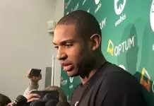 Al Horford reacts to Gabe Vincent being out