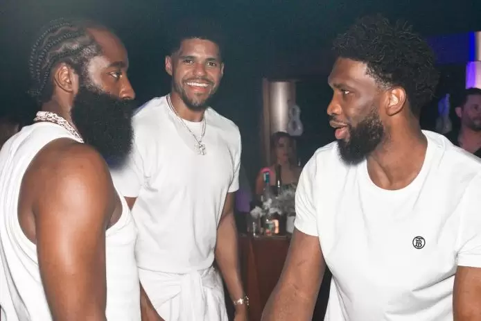 James Harden, Tobias Harris, Joel Embiid at Michael Rubin's 4th of July party