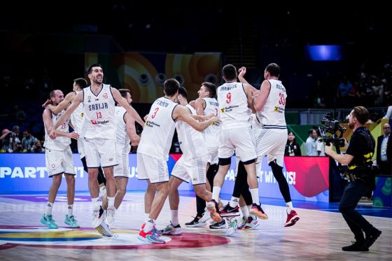 Marko Guduric reacts to Serbia running the floor against Canada