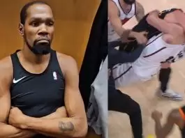 Kevin Durant reacts to Mason Plumlee-Steven Adams fight