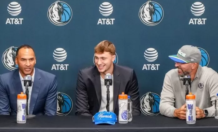 Nico Harrison, Cooper Flagg and Jason Kidd
