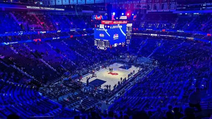 Upper deck view of the Philadelphia 76ers home court Xfinity Mobile Arena.
