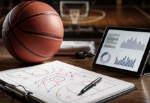 Basketball, tactic sheet and tablet with charts arranged on a court-side desk