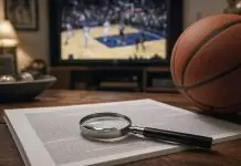 Fans read the box score but not the fine print A fan's coffee table with a basketball game softly visible on TV and a magnifying glass resting on a densely printed document.