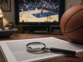 Fans read the box score but not the fine print A fan's coffee table with a basketball game softly visible on TV and a magnifying glass resting on a densely printed document.