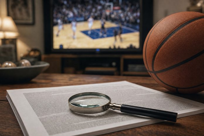 1 A fan's coffee table with a basketball game softly visible on TV and a magnifying glass resting on a densely printed document.